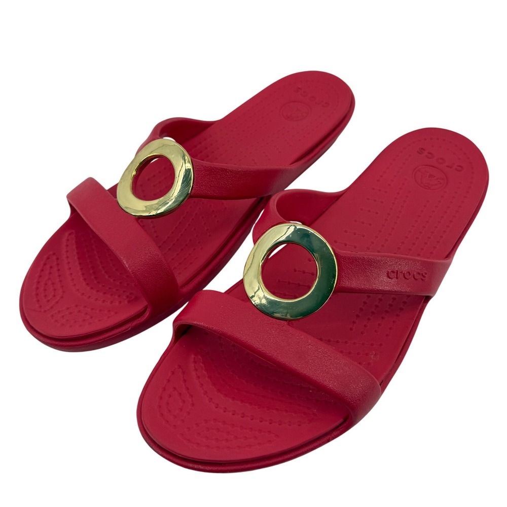 Crocs Sanrah Beveled Circle Slide Sandal Red Gold Women 10 Flip Flop Casual